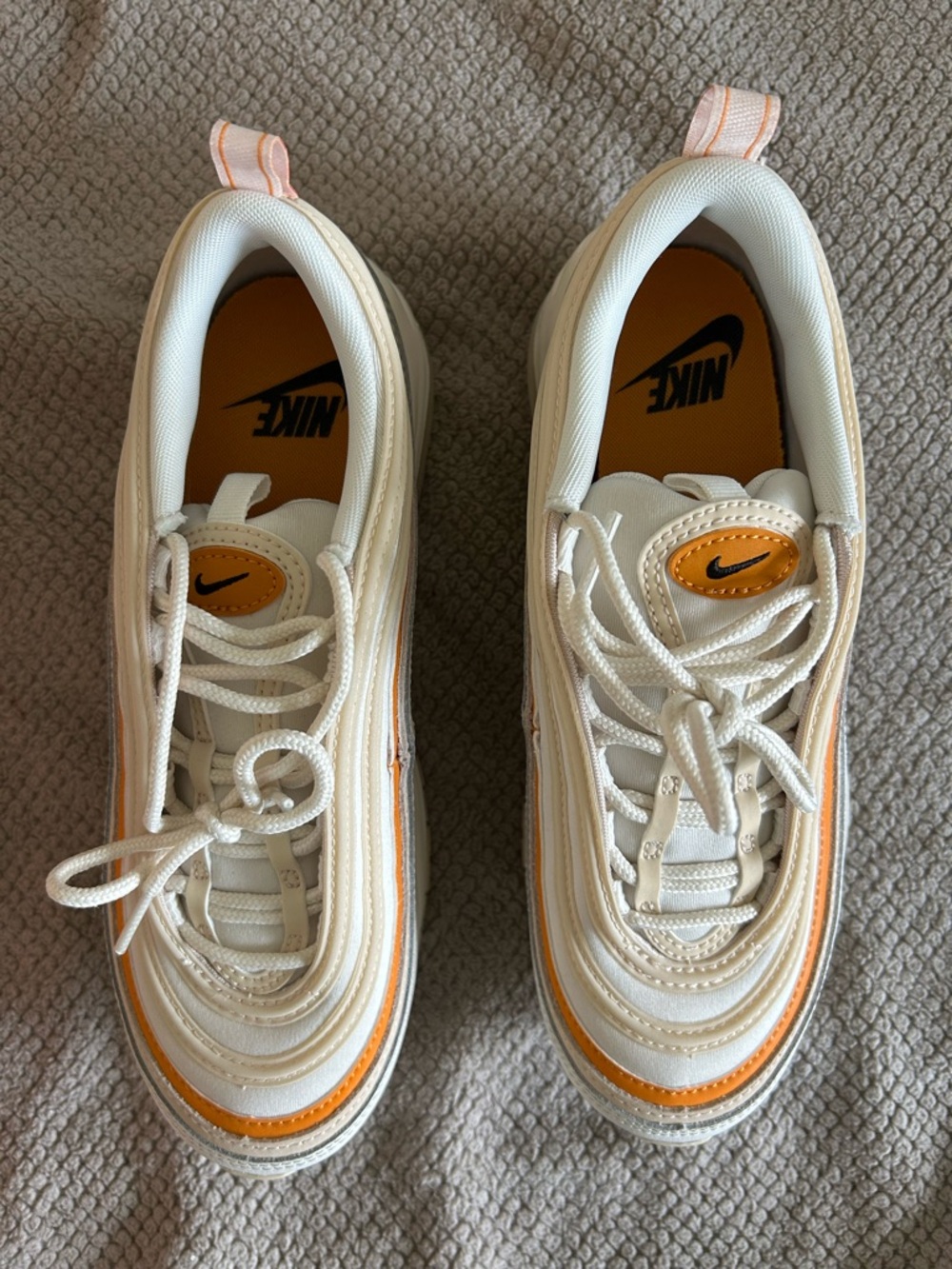 Women’s Nike Air Max 97 White with Orange Accents - Picture 2 of 6